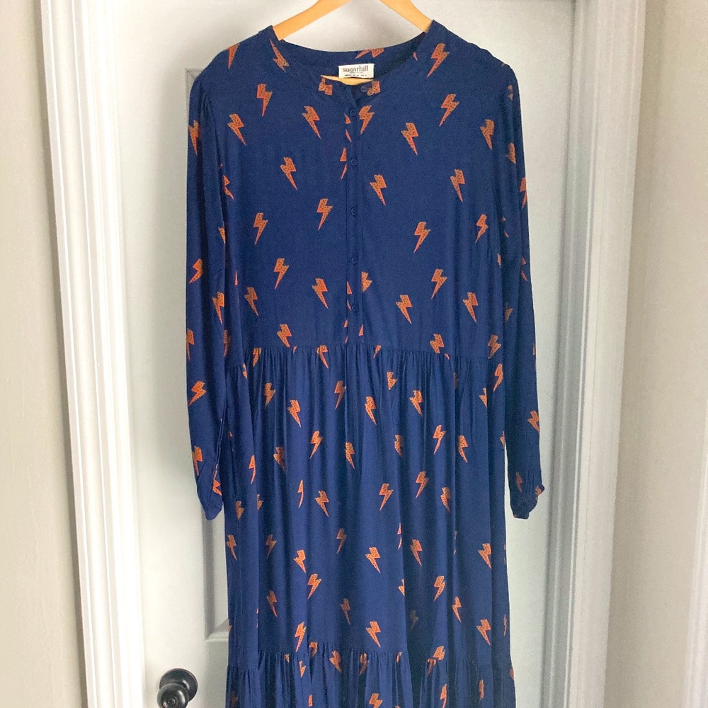 cupcakes & cashmere Navy Maxi Dress with Orange Lightning Print